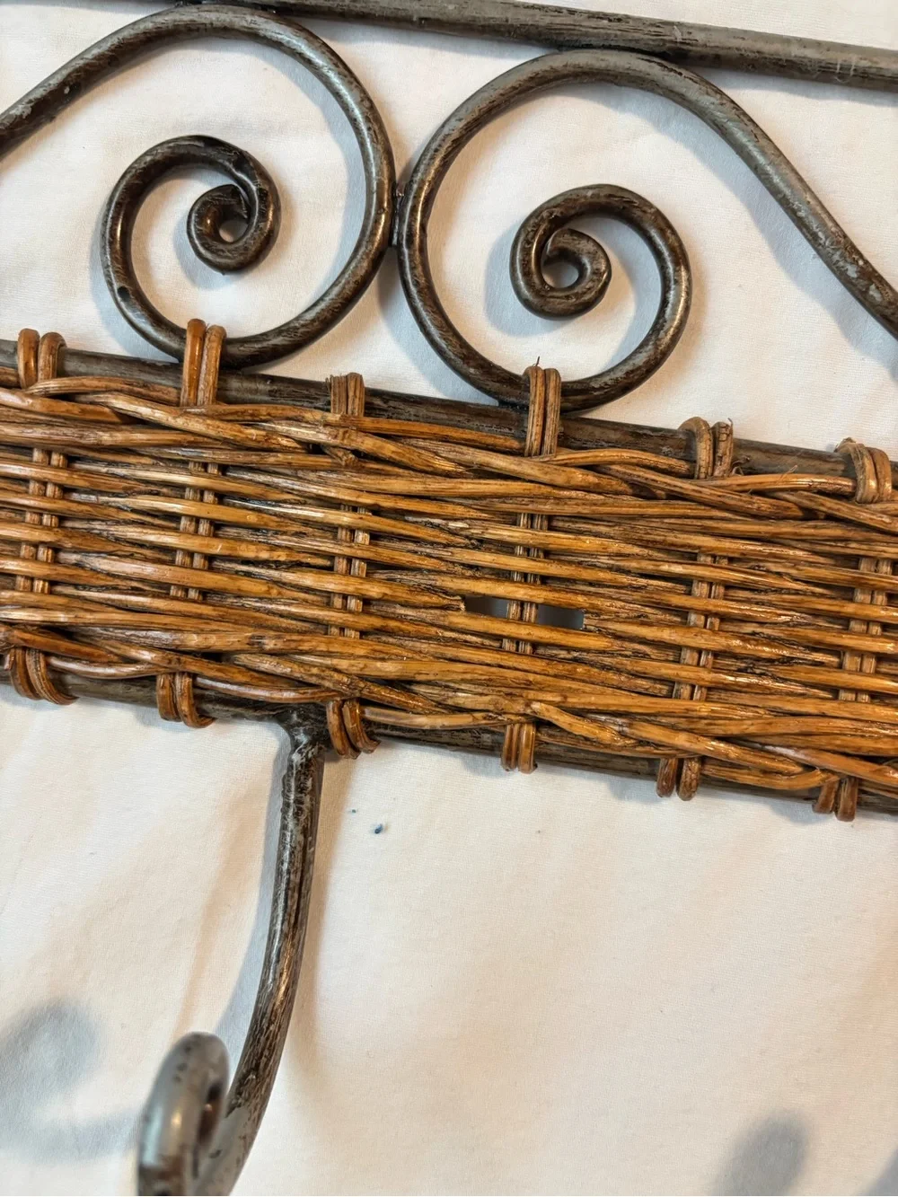 Vintage Metal and Wicker Five Hook Rack Wall Hanger Decor